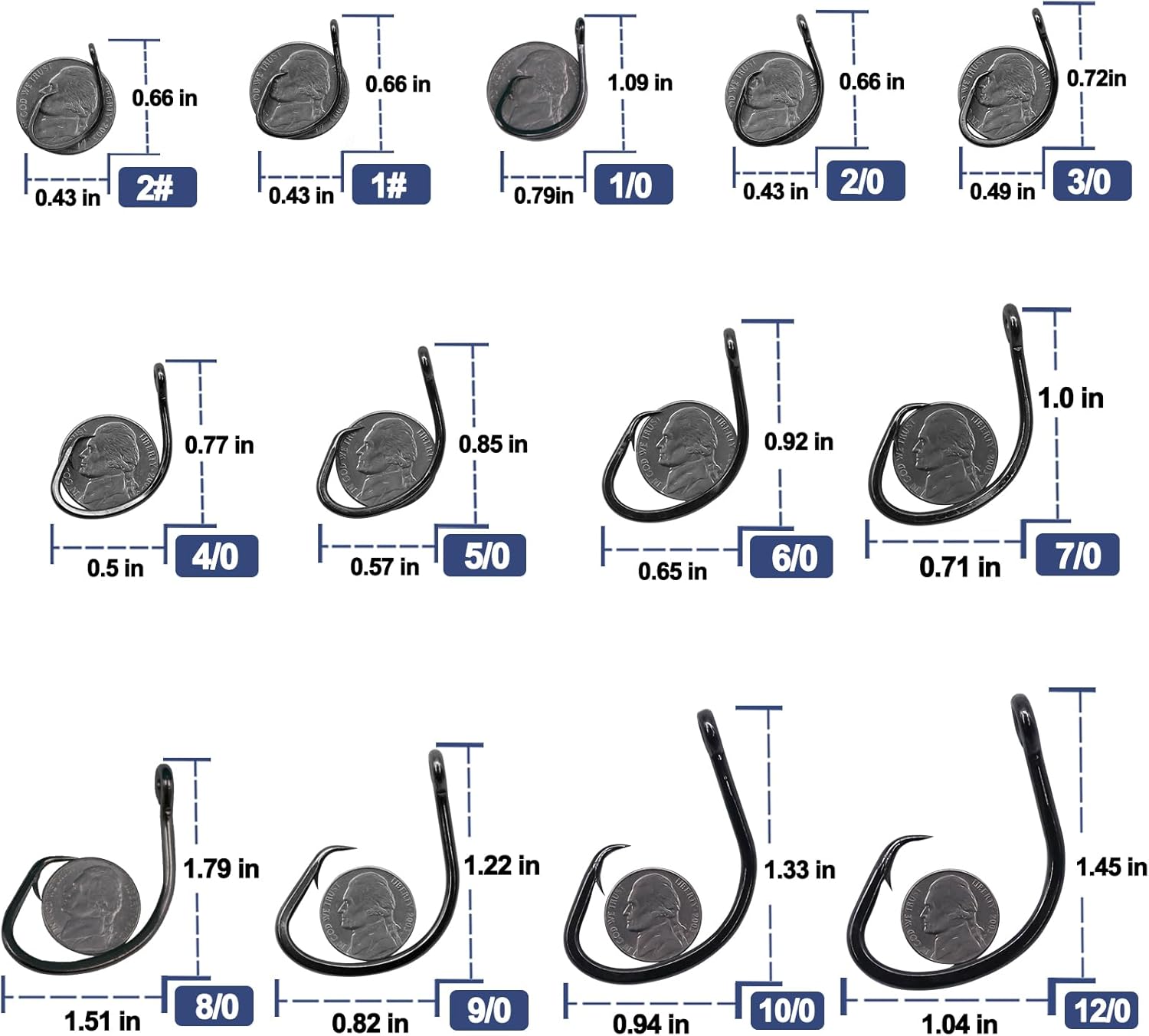 Circle Hooks Saltwater for Catfish - 25pcs Offset 3X Strong Fishing Hook Wide Gap for Live Bait,Size 2 1 1/0 2/0 3/0 4/0 5/0 6/0 7/0 8/0 9/0 10/0 12/0